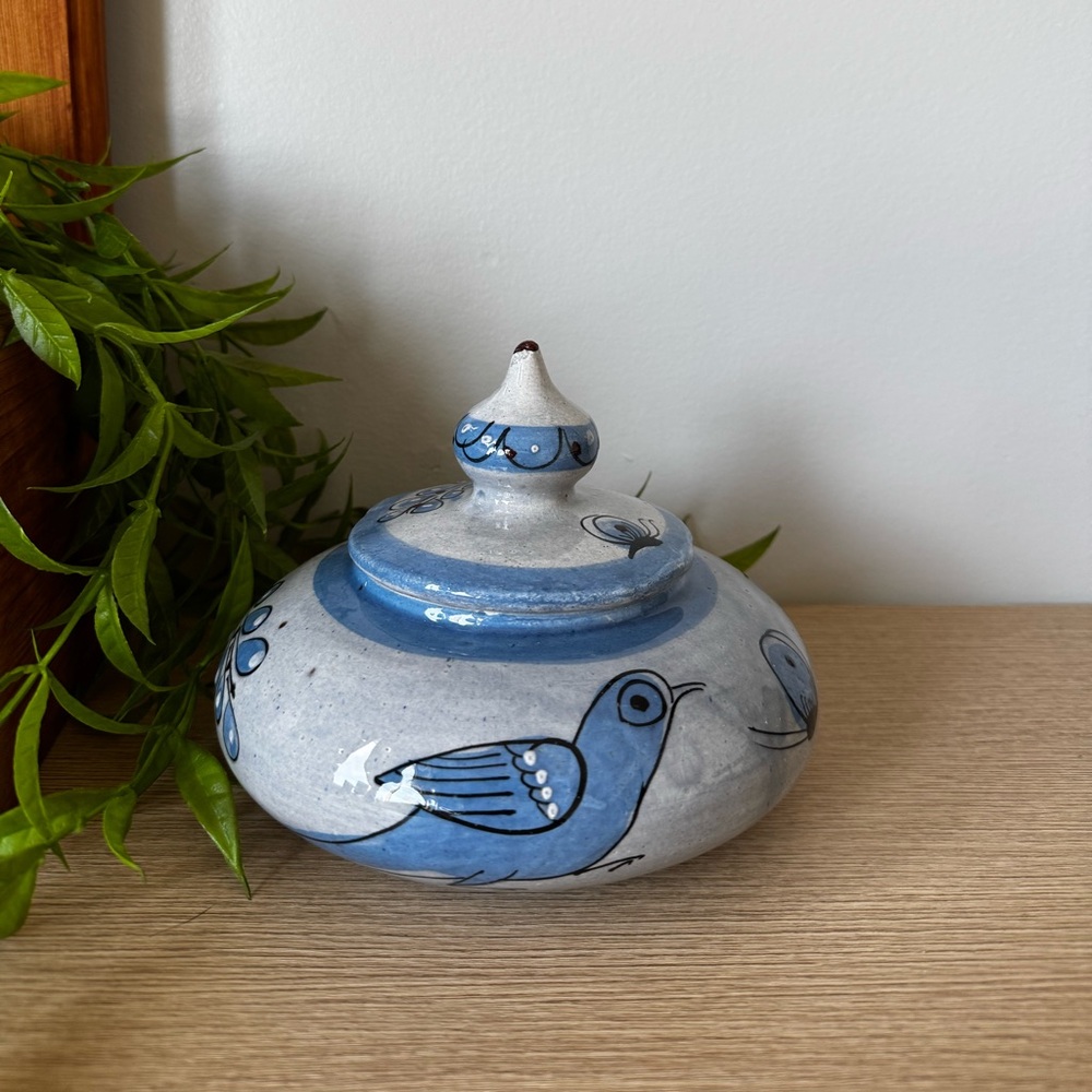 Handcrafted Blue and Gray Tonala pottery lidded dish
